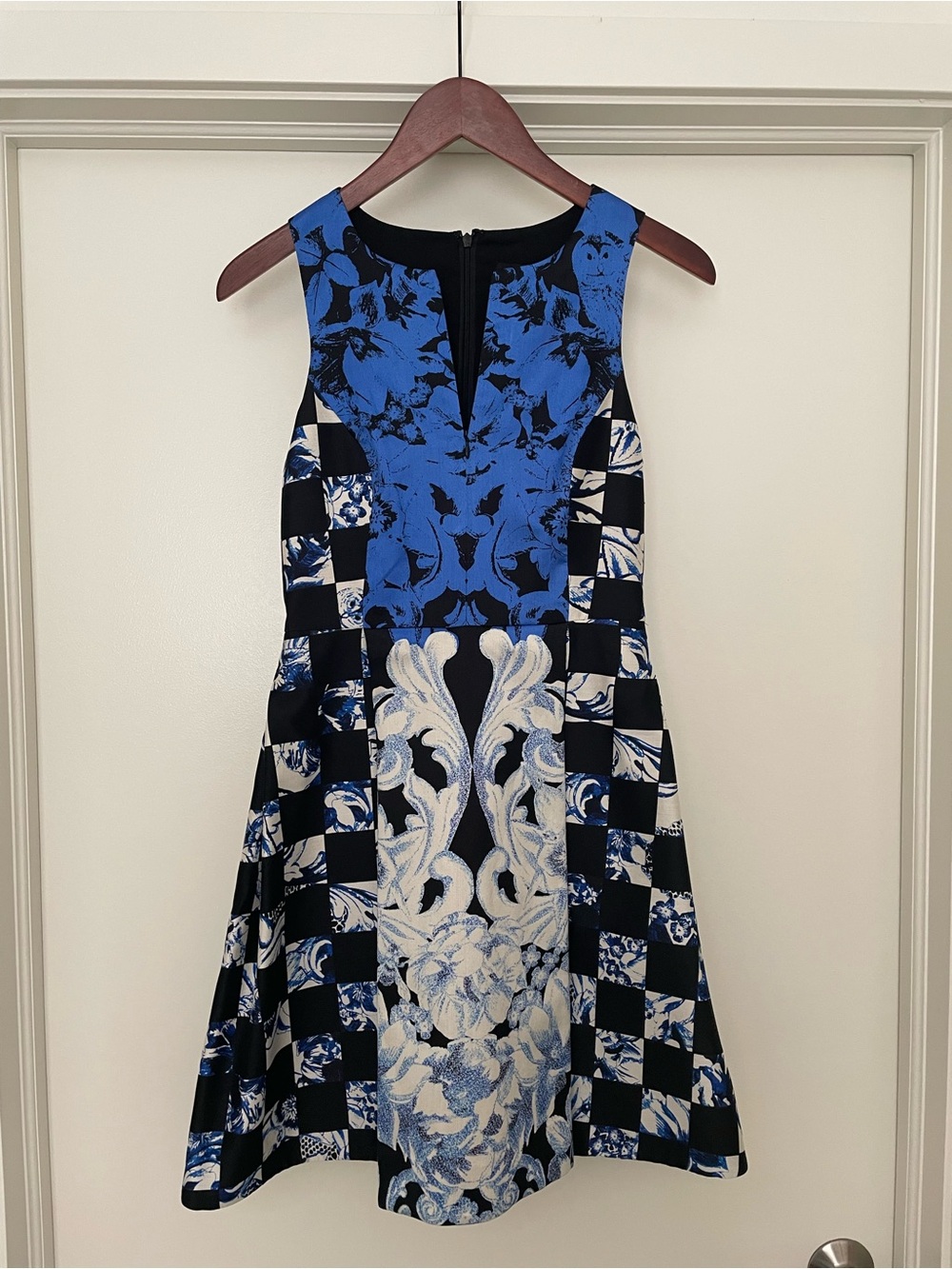 Tibi Blue, Black & Cream Printed Sleeveless Midi Dress